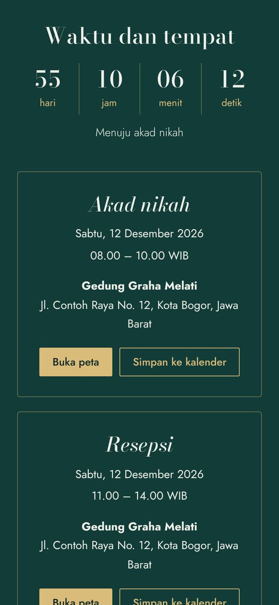 Bagian waktu dan tempat dengan hitung mundur, kartu akad nikah, tombol peta, dan simpan ke kalender