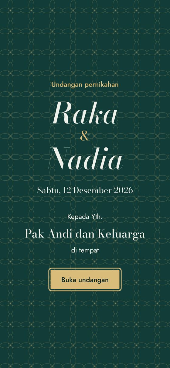 Cover undangan digital dengan nama mempelai, tanggal, dan nama tamu