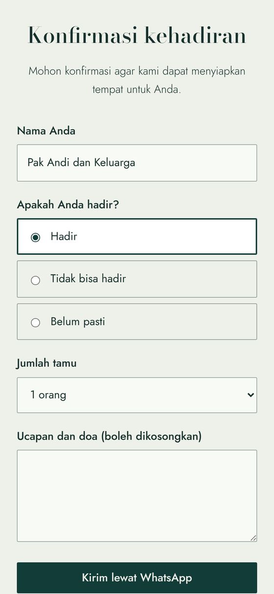 Formulir konfirmasi kehadiran dengan pilihan hadir, jumlah tamu, dan ucapan